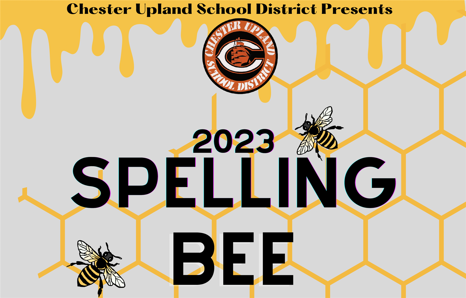  Spelling Bee graphic with honey comb, words: 2023 spelling bee, and bee drawings